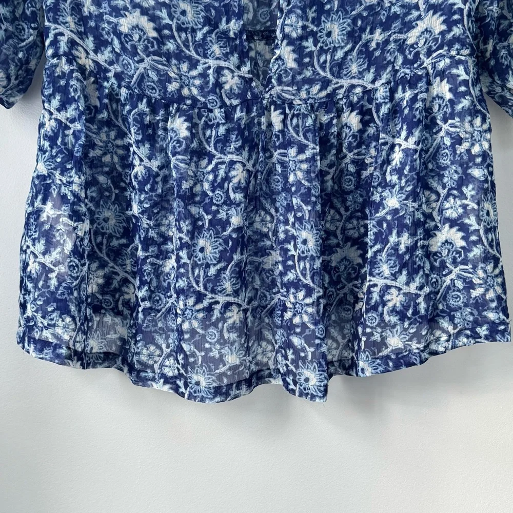 Abercrombie Kids Girl’s Blue Sheer Floral Smocked Blouse Boho Cottagecore Size M